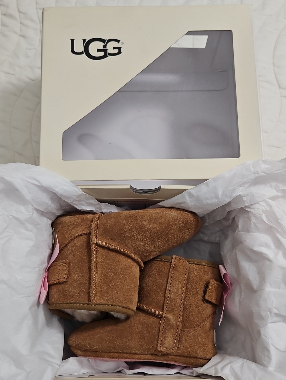 UGG Chestnut Suede Baby Booties with Pink Bows